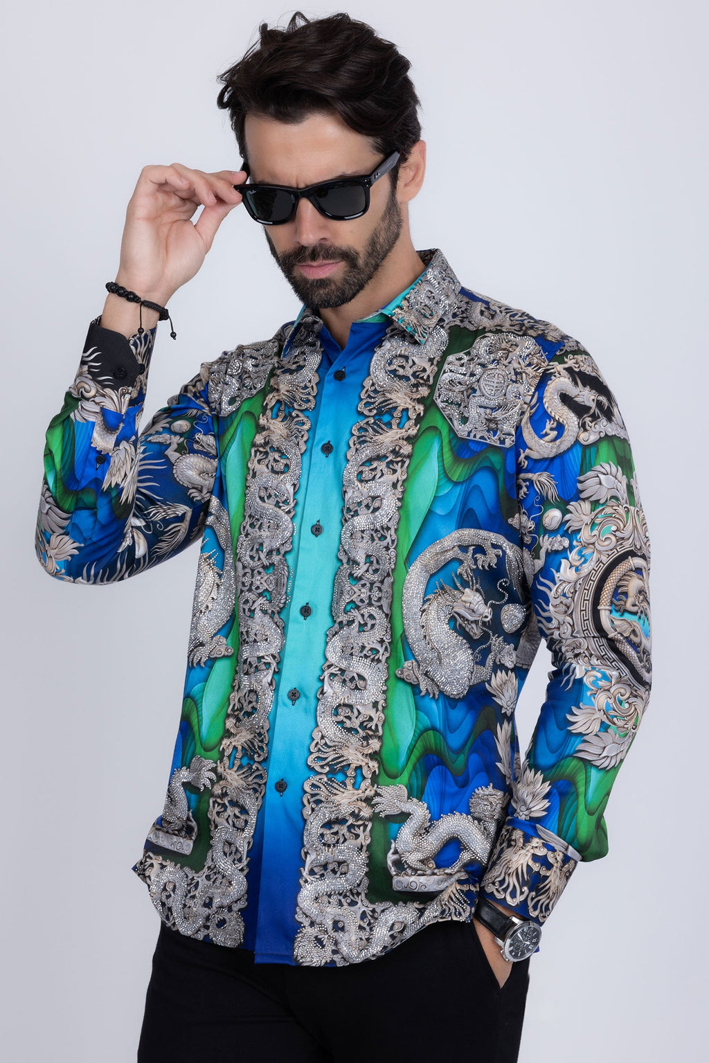 West Dragon Rhinestone Long Sleeve Shirt