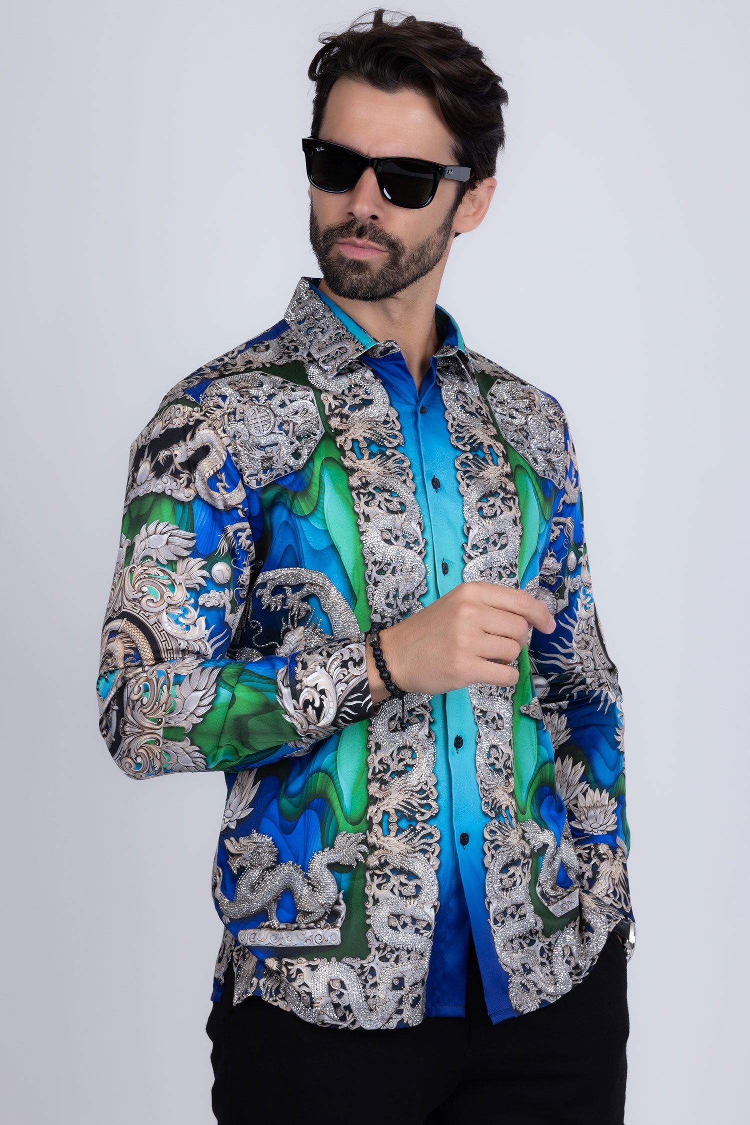 West Dragon Rhinestone Long Sleeve Shirt