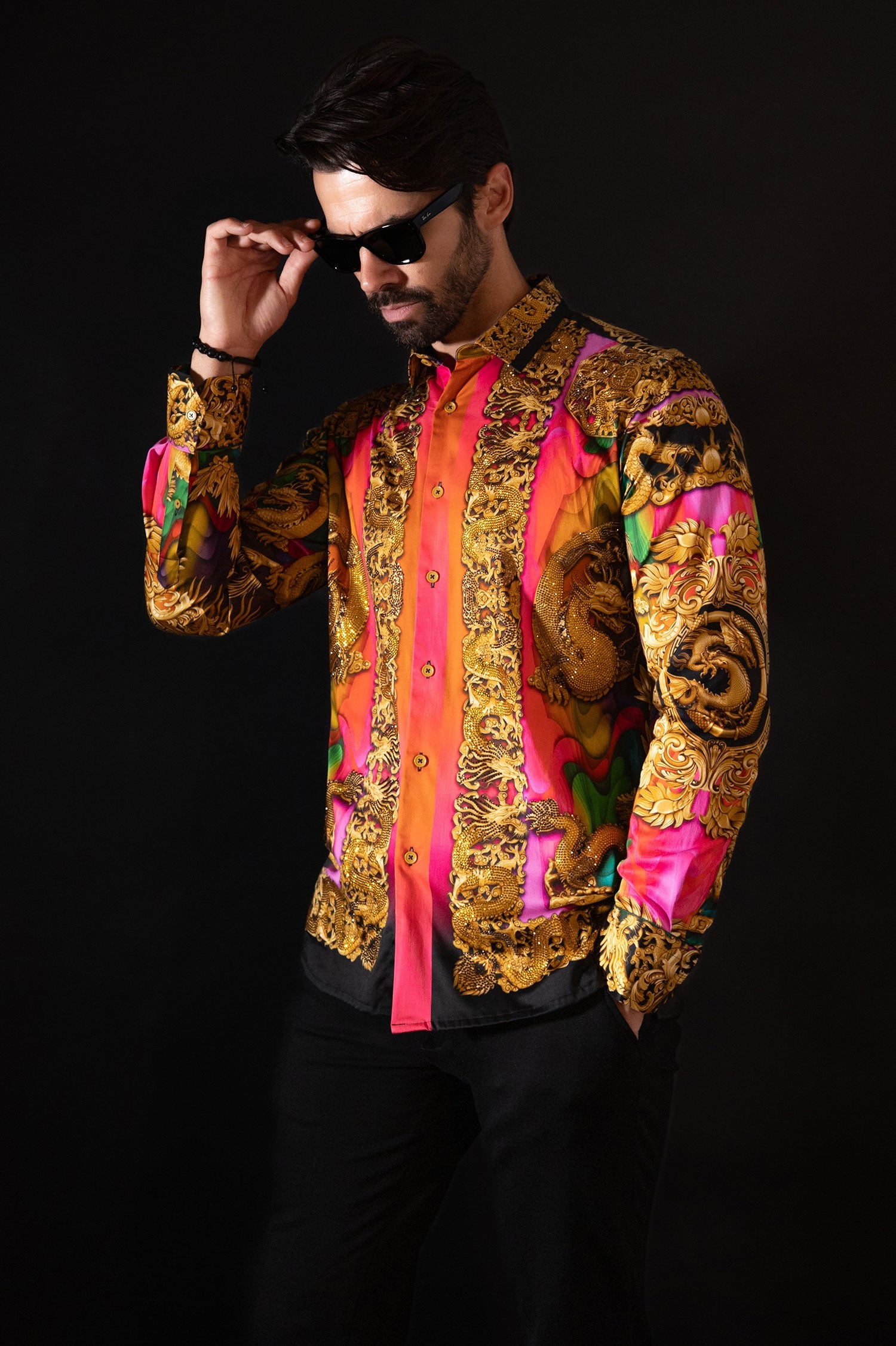 West Dragon Rhinestone Long Sleeve Shirt