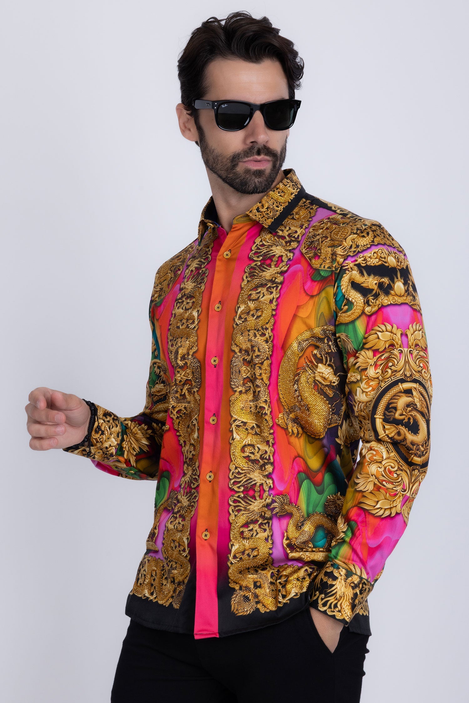 West Dragon Rhinestone Long Sleeve Shirt