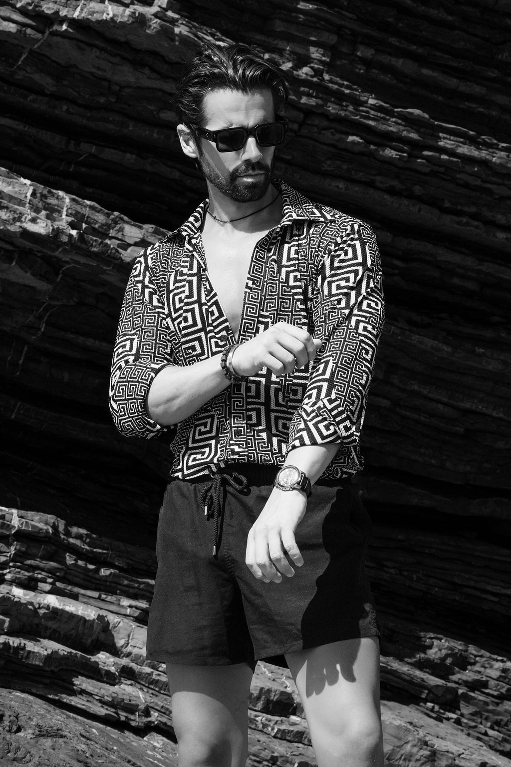 Mykonos Greek Key Pattern Long Sleeve Shirt